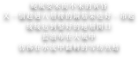 颱風要來而不來的黃昏
又一個超過八層樓的鋼筋架造好、吊起
緩緩送到鑿好的地層開口
藍油布在大風中
彷彿在水流中翻轉的雪紡魚鰭